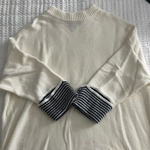 Mock neck 3/4 sleeve cream sweater with navy stripes